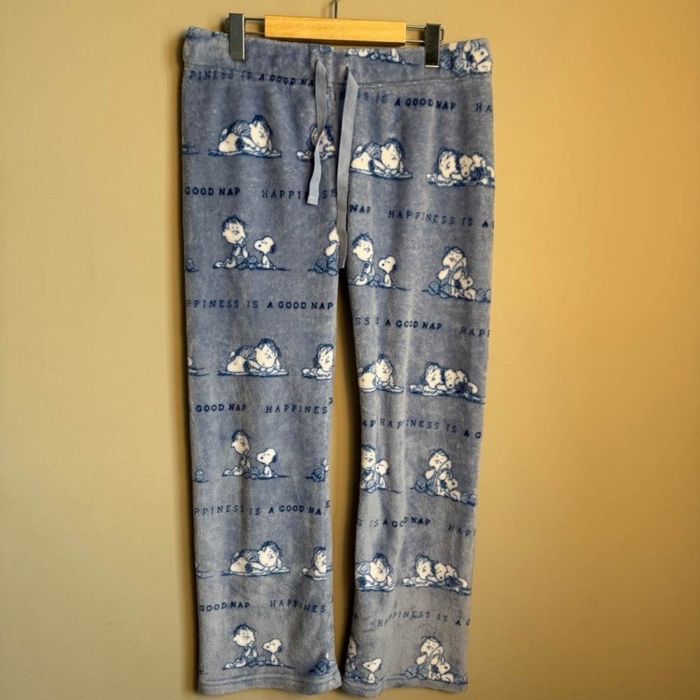 Peanuts Snoopy Linus Blue Plush Fleece Pajama‎ Pants Womens Size Medium Cartoon